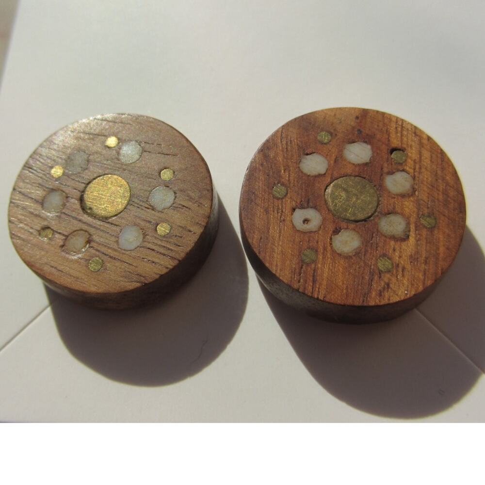 Minimalist Circular Wooden Brass Inlay Post Earrings